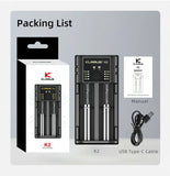 Chargeur Klarus K2 USB pour batteries Li-ion / IMR / Ni-Cd et LiFePO4 + 2 batteries