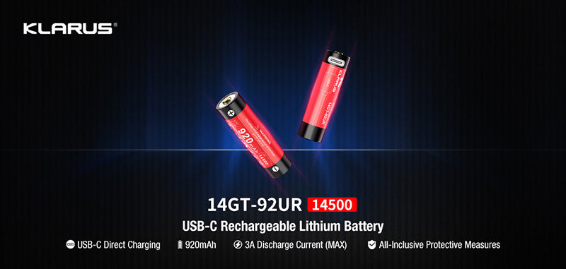 Batterie Klarus 14GT92UR Li-ion 920mAh rechargeable Micro USB-C intégré