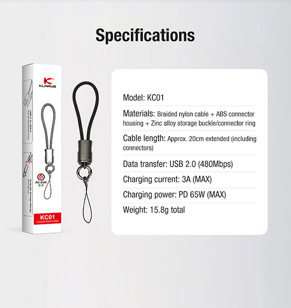 Câble USB-C dragonne Klarus KC01 65W - Transfert 480Mbps - Nylon Tressé