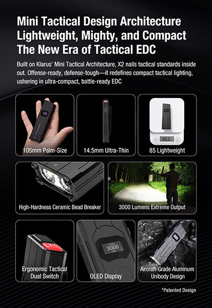 Lampe de poche tactique Klarus X2 - 3000 Lumens Ultra-Plate Format Poche - USB-C