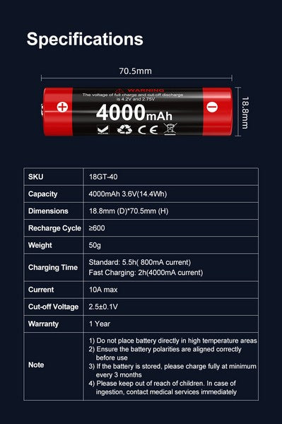 Batterie Klarus 18650 4000mAh 18GT-40 - Autonomie Prolongée