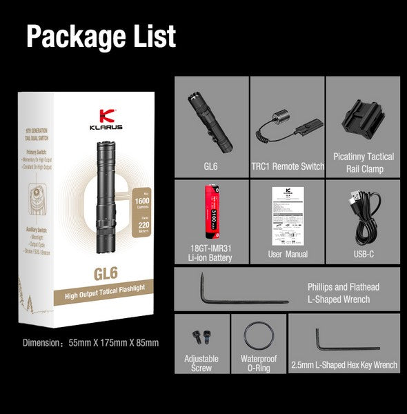 Lampe Torche Klarus GL6 - 1600 Lumens – Rechargeable + Montage Picatinny + Interrupteur déporté TCR1