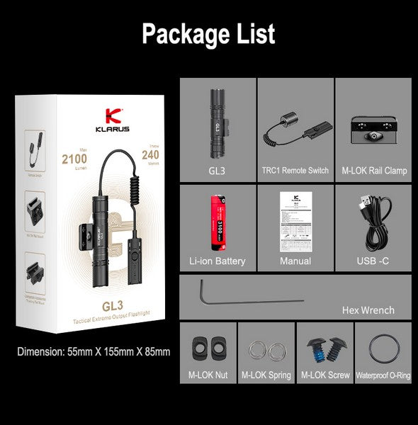Lampe Torche Klarus GL3 - 2100 Lumens – Rechargeable + Montage M-LOK + Interrupteur déporté