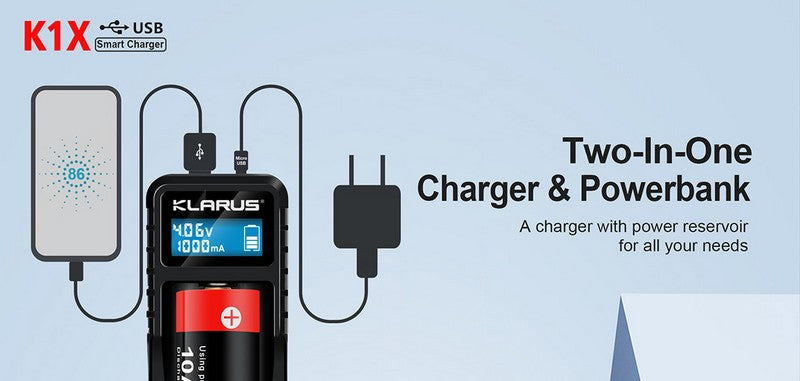 Chargeur Klarus K1X USB pour batteries Li-ion/ IMR 21700, 18650, 16340