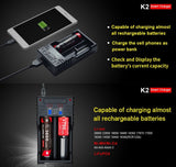 Chargeur Klarus K2 USB pour batteries Li-ion / IMR / Ni-Cd et LiFePO4 + 2 batteries