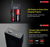 Chargeur Klarus K2 USB pour batteries Li-ion / IMR / Ni-Cd et LiFePO4 + 2 batteries