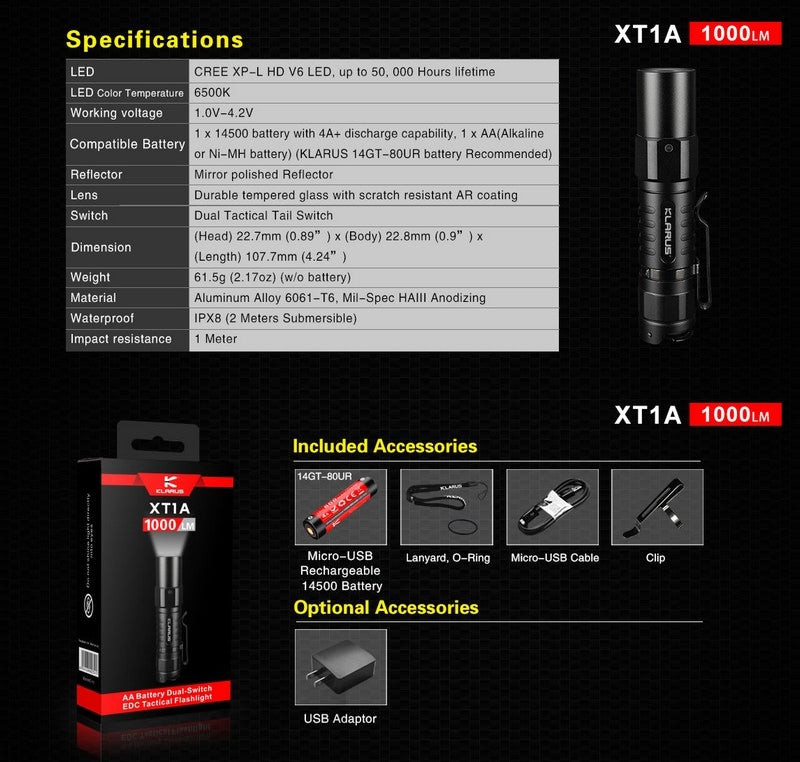 Lampe de poche tactique Klarus XT1A 1000Lumens